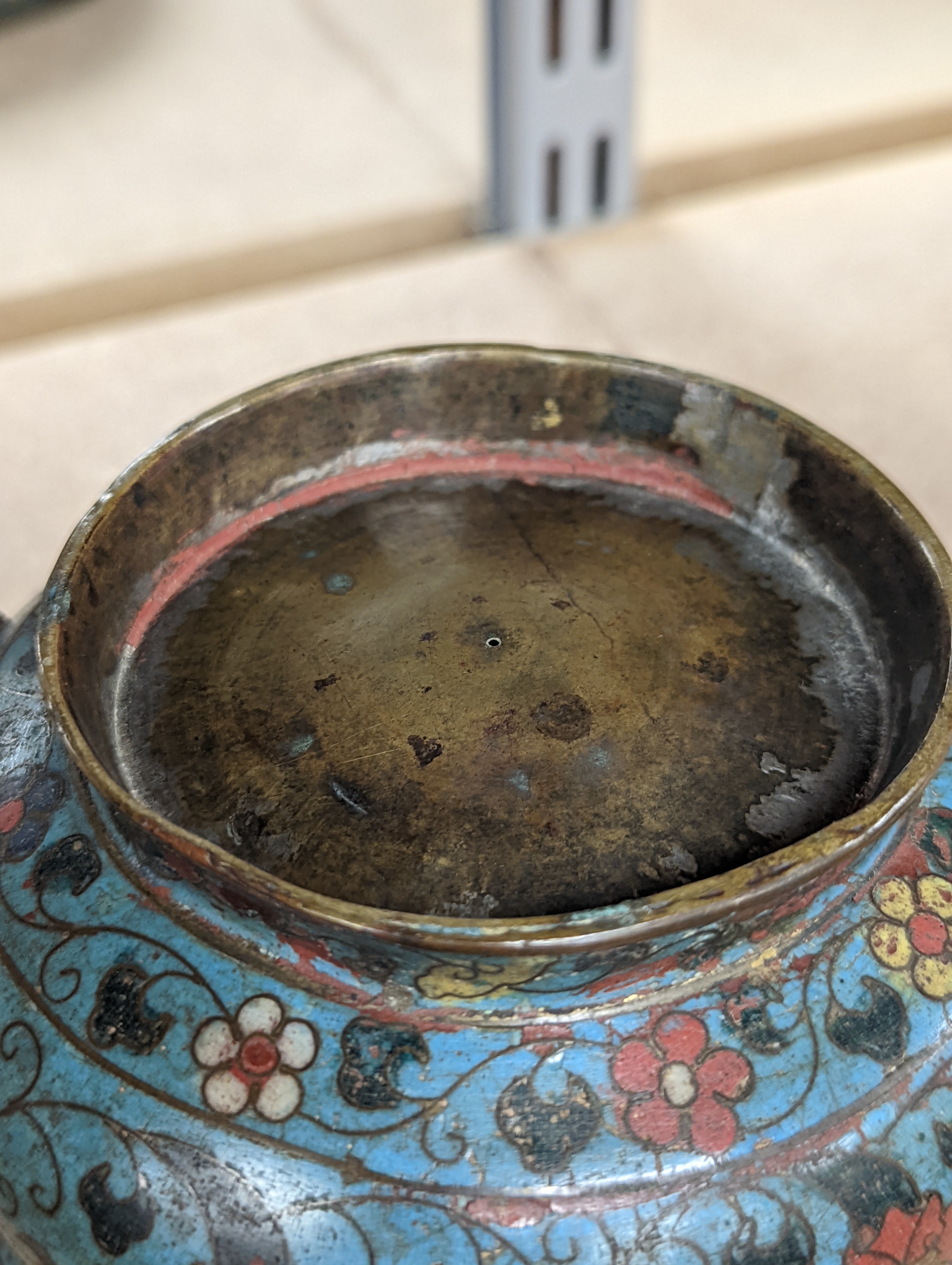 A Chinese late Ming dynasty bronze and cloisonné enamel ding censer 18cm